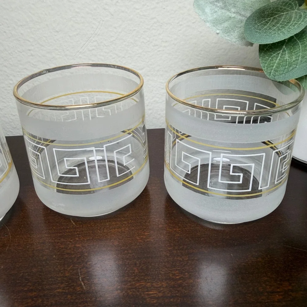 Vintage Frosted Greek Key Rocks Glasses Gold Rim MCM Lowball Set of 3 White Gold